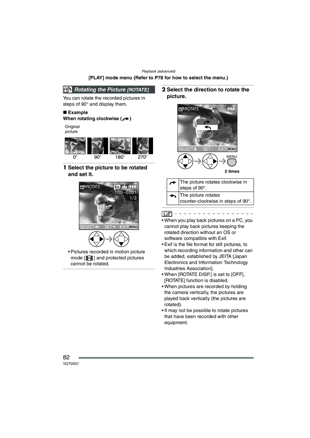 Panasonic DMCFX9S, DMCFX9K, DMC-FX9PP Rotating the Picture Rotate, Select the picture to be rotated and set it 