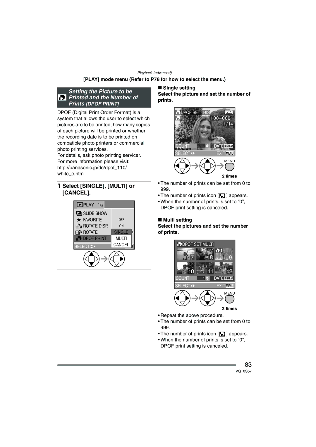 Panasonic DMC-FX9PP, DMCFX9K, DMCFX9S Setting the Picture to be Printed and the Number, Select SINGLE, Multi or 