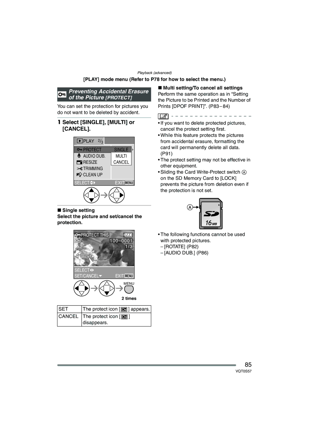 Panasonic DMCFX9S, DMCFX9K Preventing Accidental Erasure of the Picture Protect, Select SINGLE, Multi or Cancel, Set 