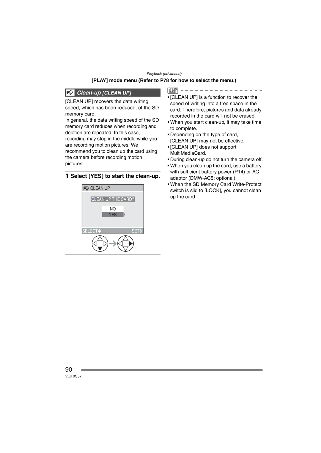 Panasonic DMCFX9K, DMCFX9S, DMC-FX9PP operating instructions Clean-up Clean UP, Select YES to start the clean-up 