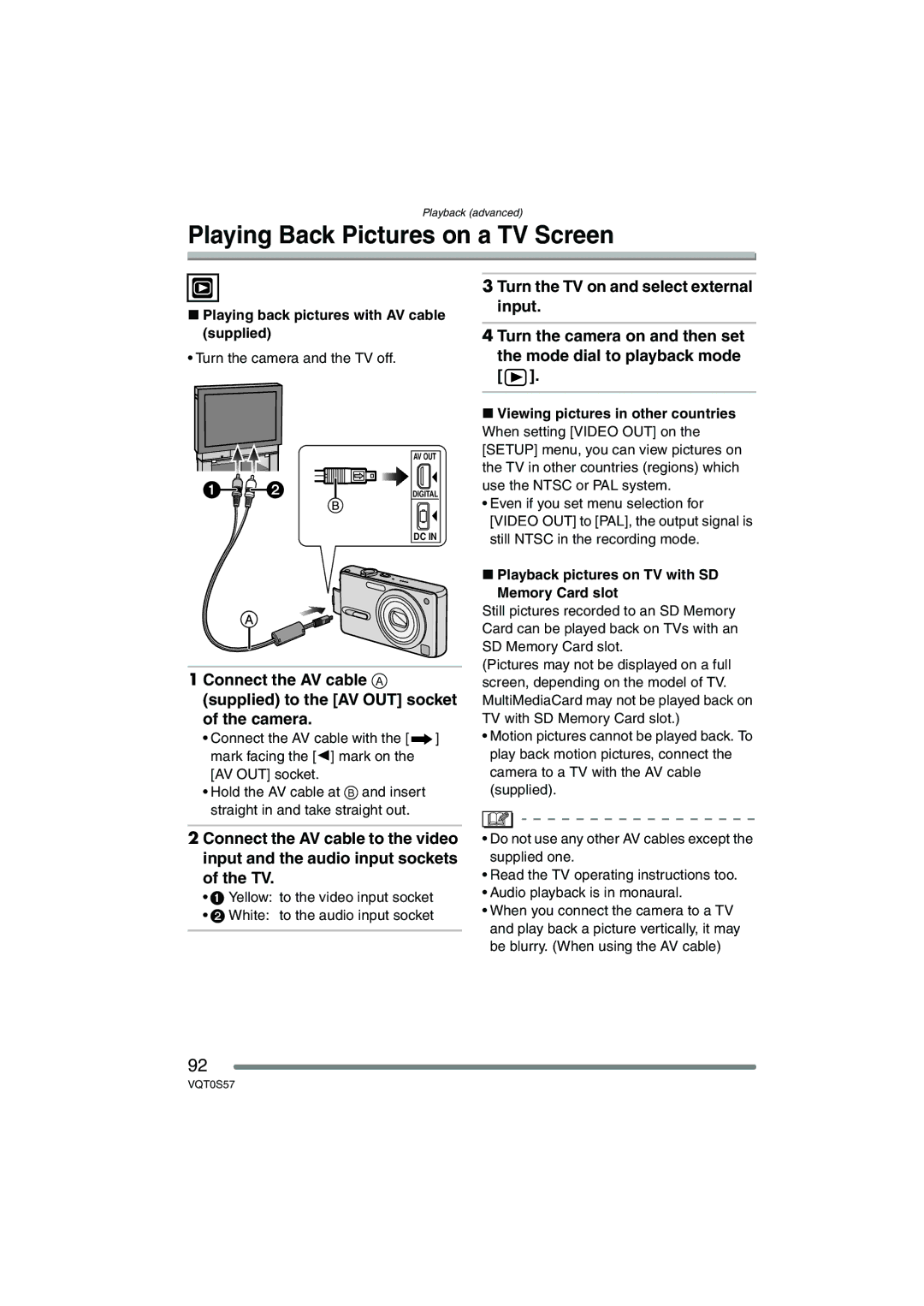 Panasonic DMC-FX9PP, DMCFX9K, DMCFX9S Playing Back Pictures on a TV Screen, Playing back pictures with AV cable supplied 