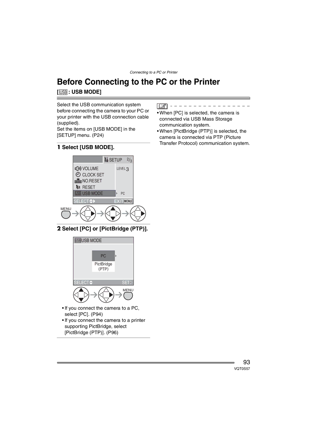 Panasonic DMCFX9K, DMCFX9S Before Connecting to the PC or the Printer, Select USB Mode, Select PC or PictBridge PTP 