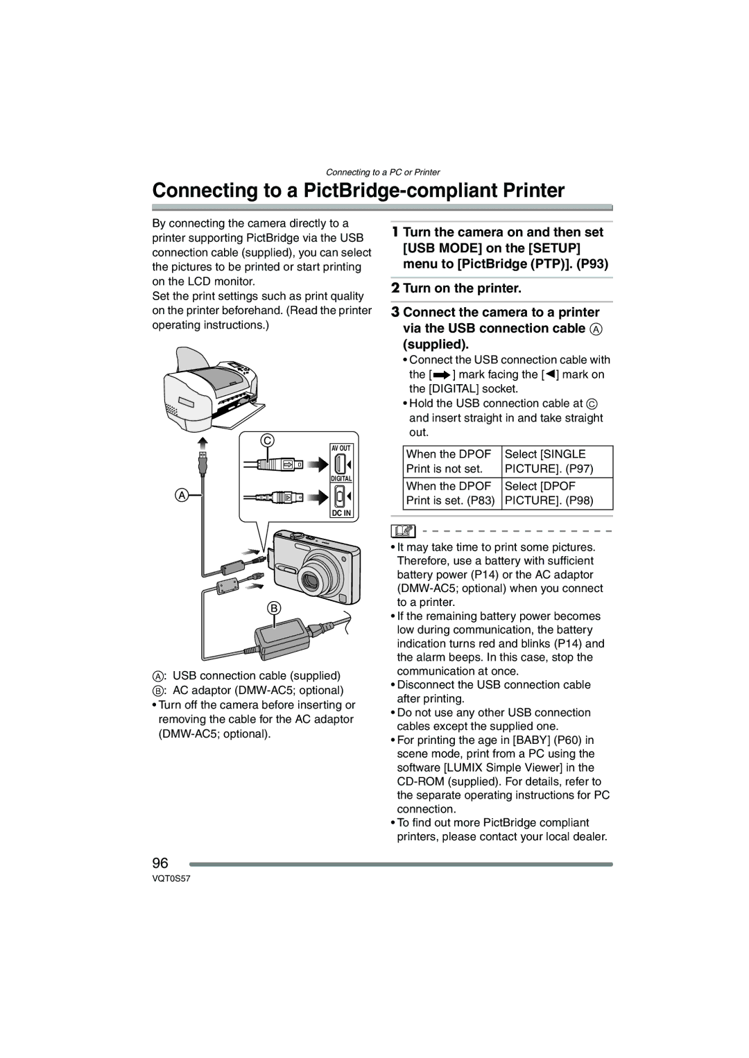 Panasonic DMCFX9K Connecting to a PictBridge-compliant Printer, PICTURE. P97, When the Dpof Select Dpof Print is set. P83 