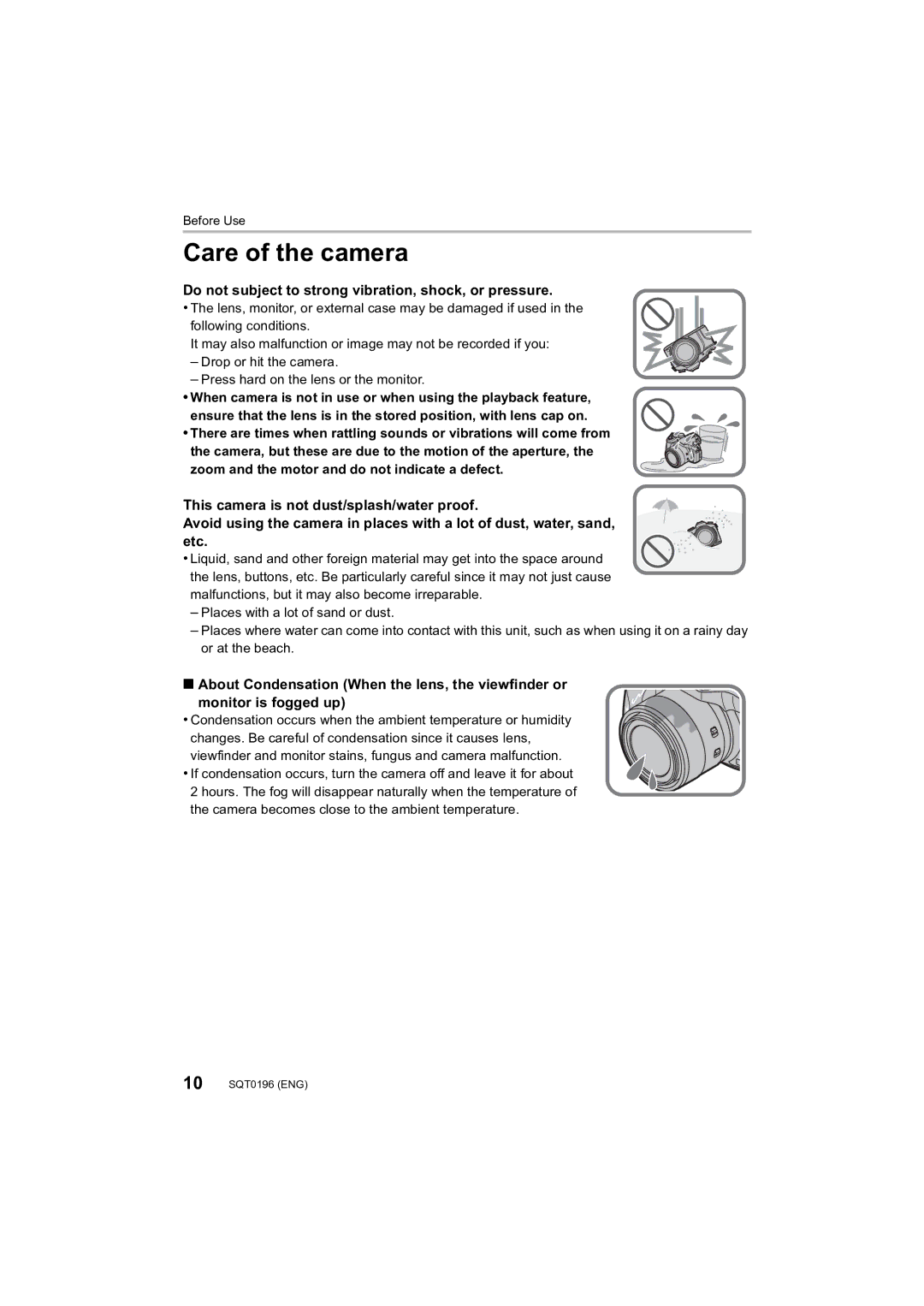 Panasonic DMCFZ1000 owner manual Care of the camera, Do not subject to strong vibration, shock, or pressure 