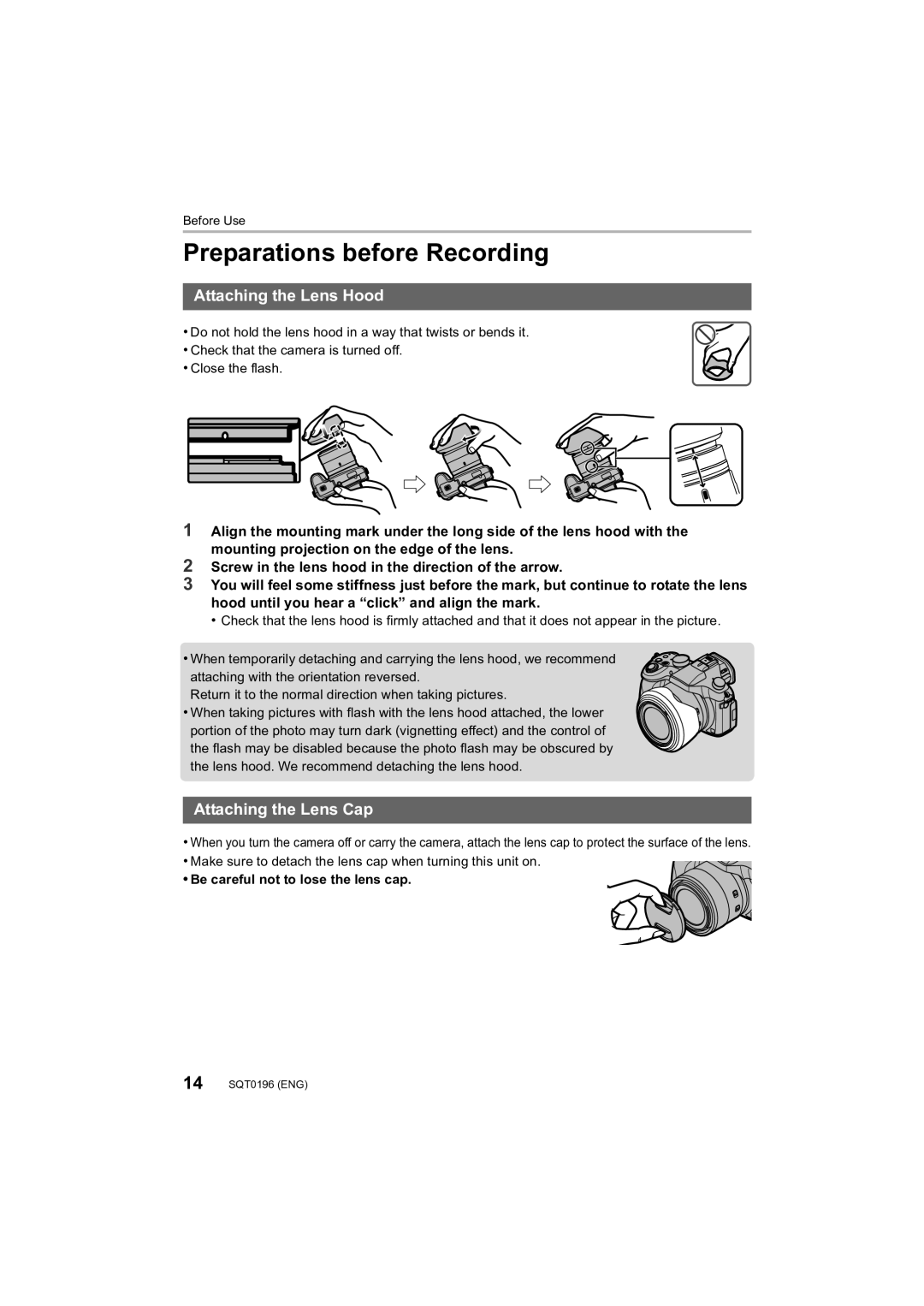 Panasonic DMCFZ1000 owner manual Preparations before Recording, Attaching the Lens Hood, Attaching the Lens Cap 