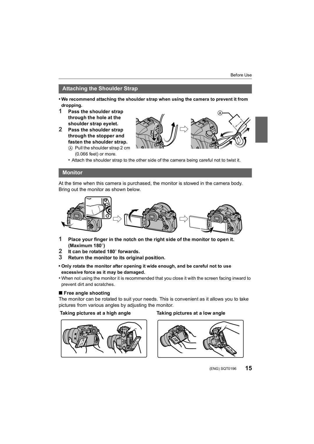 Panasonic DMCFZ1000 owner manual Attaching the Shoulder Strap, Monitor, Pass the shoulder strap, Free angle shooting 