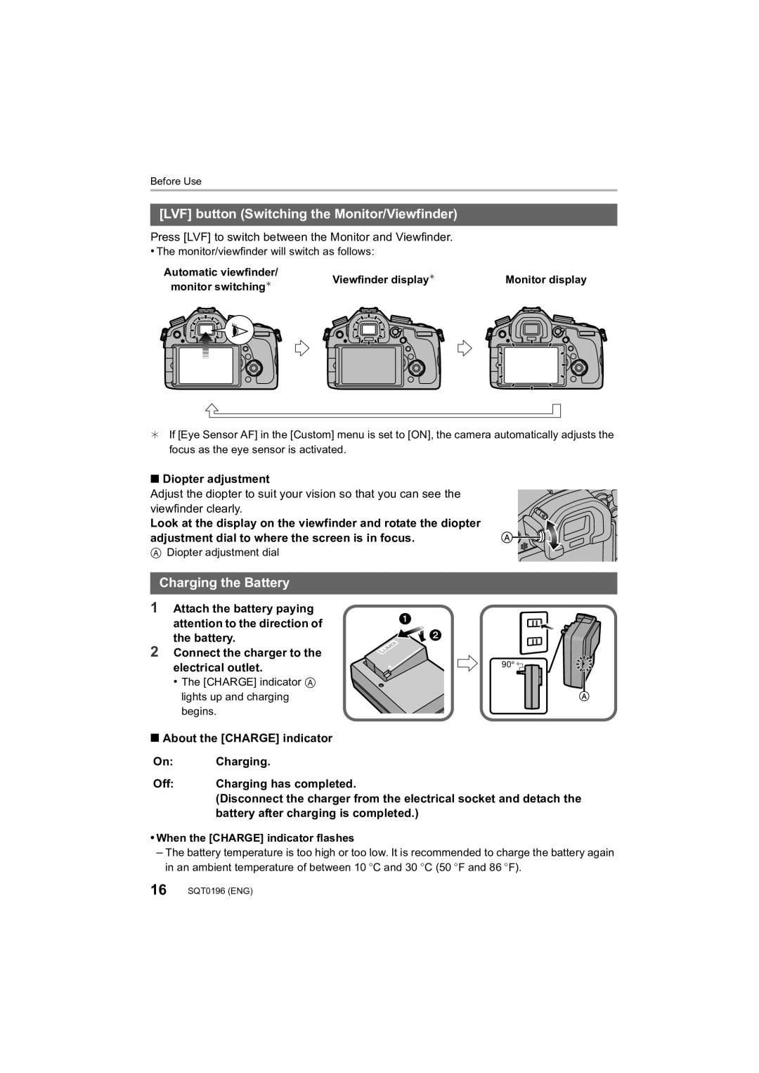 Panasonic DMCFZ1000 owner manual LVF button Switching the Monitor/Viewfinder, Charging the Battery, Diopter adjustment 