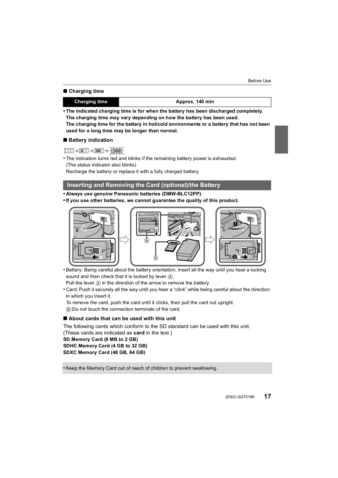 Panasonic DMCFZ1000 owner manual Inserting and Removing the Card optional/the Battery, Charging time, Battery indication 