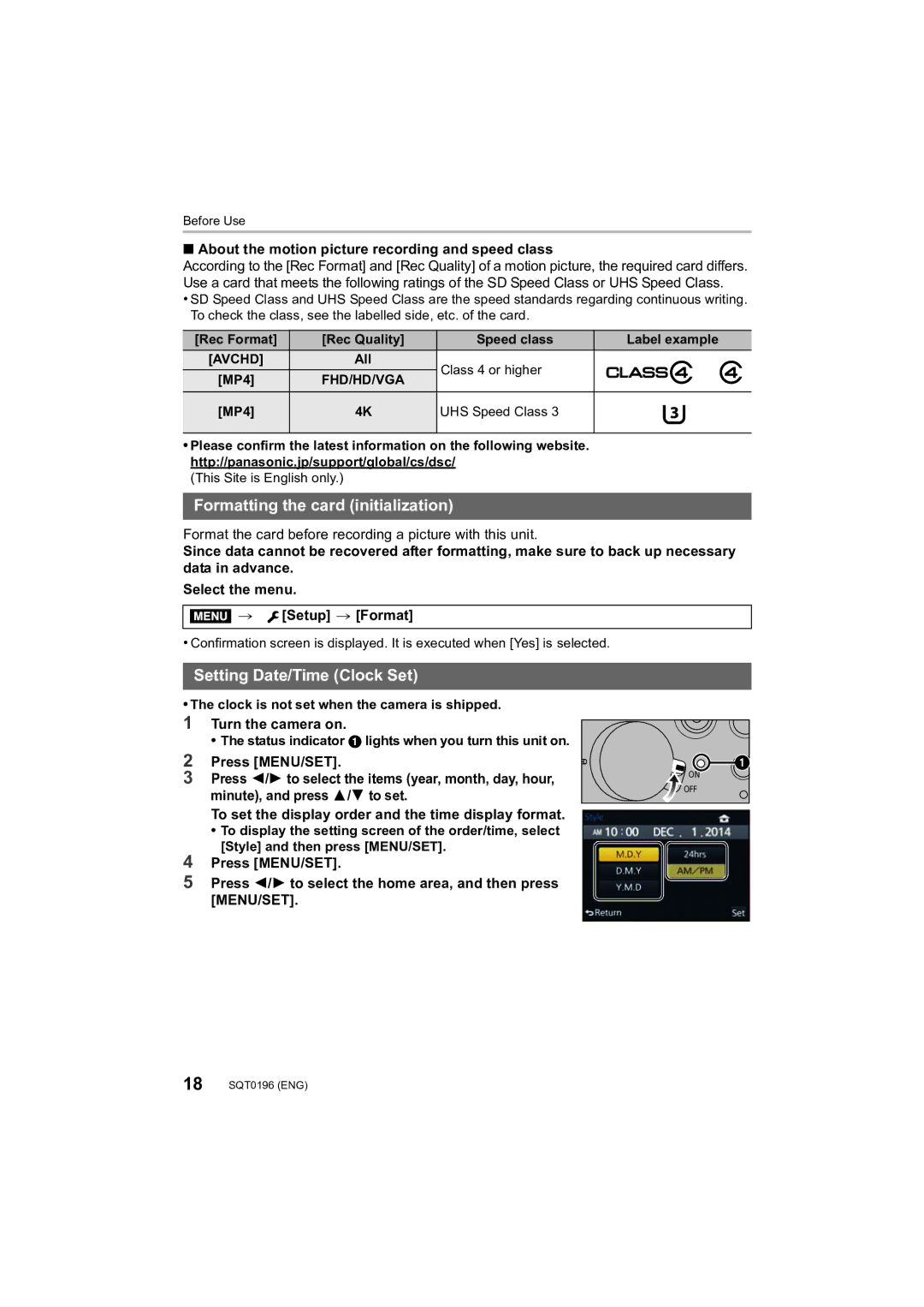 Panasonic DMCFZ1000 owner manual Formatting the card initialization, Setting Date/Time Clock Set, Turn the camera on 