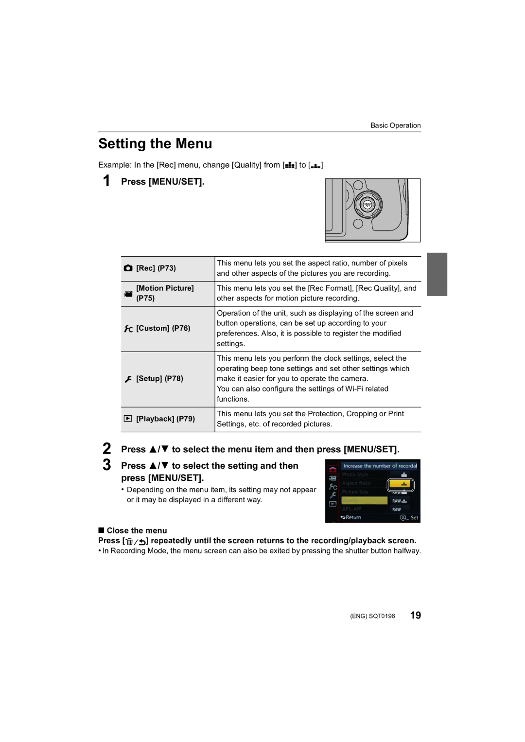 Panasonic DMCFZ1000 owner manual Setting the Menu, Press MENU/SET, Example In the Rec menu, change Quality from a to › 