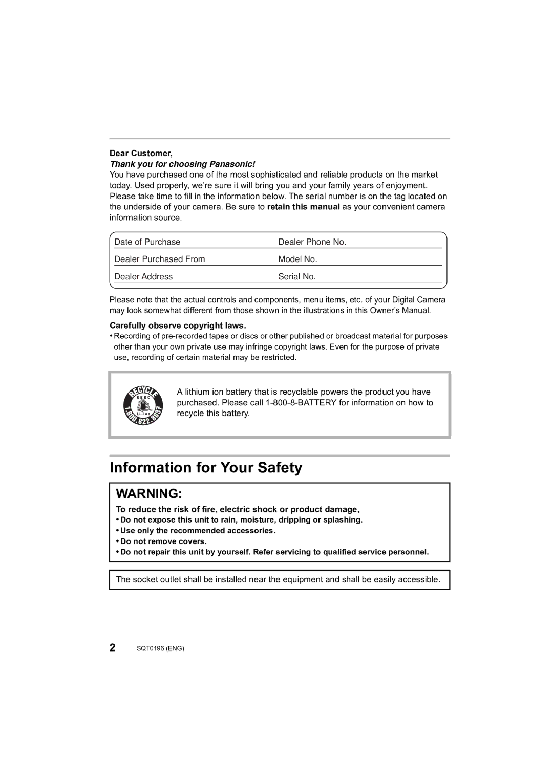 Panasonic DMCFZ1000 owner manual Information for Your Safety, Dear Customer, Carefully observe copyright laws 