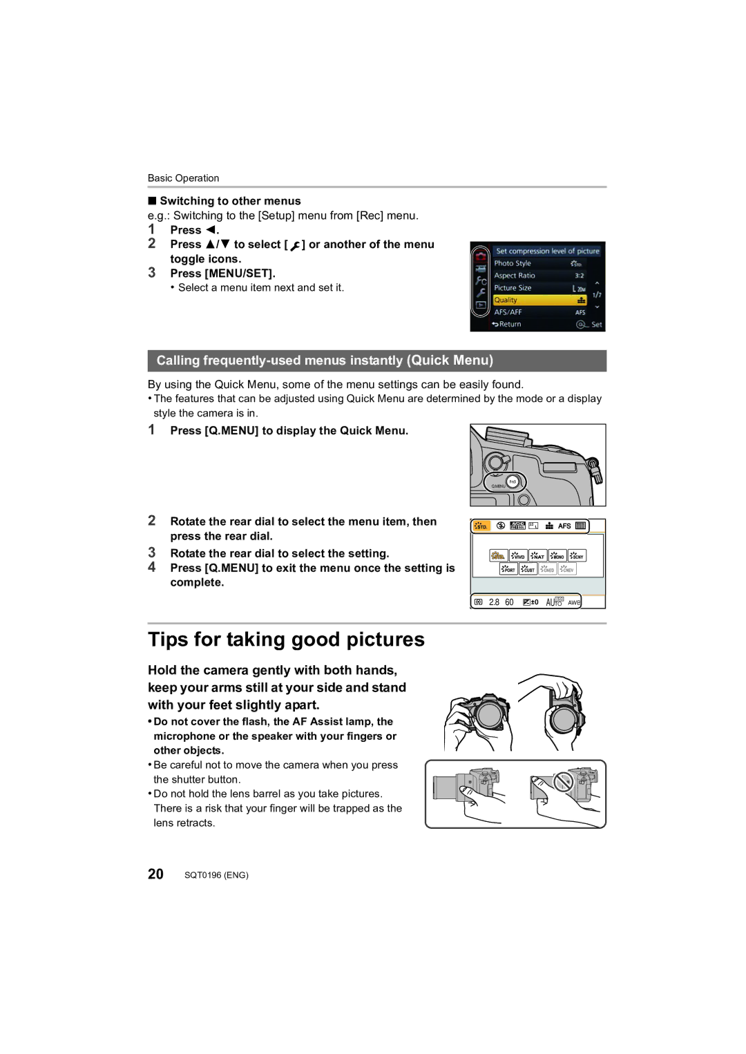 Panasonic DMCFZ1000 owner manual Tips for taking good pictures, Calling frequently-used menus instantly Quick Menu 