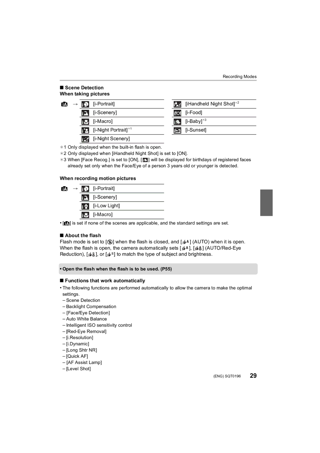 Panasonic DMCFZ1000 owner manual When recording motion pictures, Portrait Scenery Low Light Macro, About the flash 