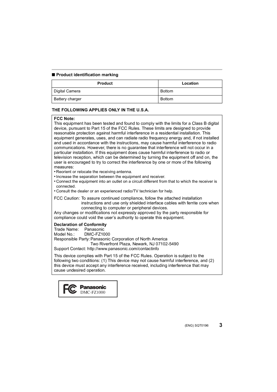 Panasonic DMCFZ1000 owner manual Product identification marking, FCC Note, Declaration of Conformity, Product Location 