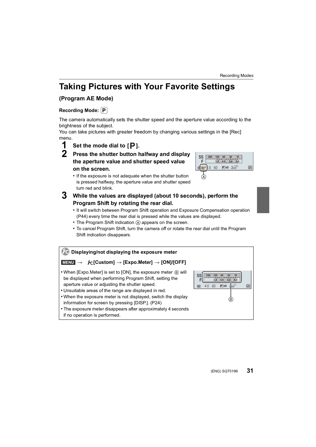 Panasonic DMCFZ1000 owner manual Taking Pictures with Your Favorite Settings, Program AE Mode, Menu 