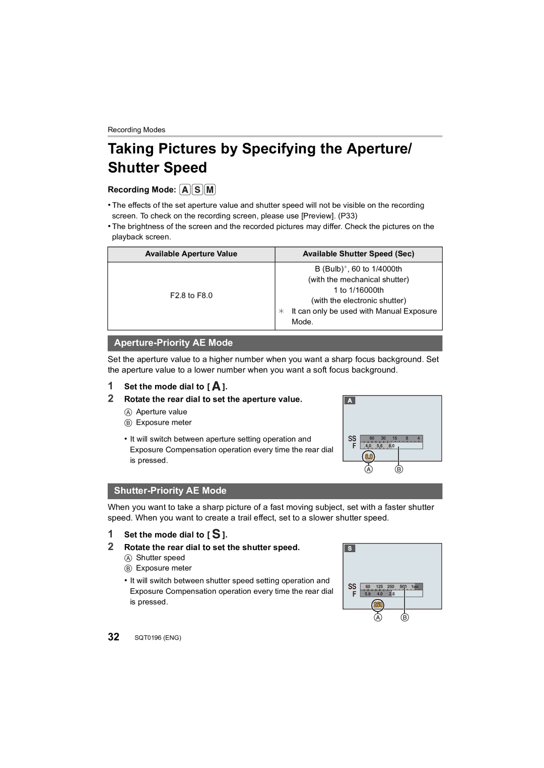 Panasonic DMCFZ1000 owner manual Taking Pictures by Specifying the Aperture/ Shutter Speed, Aperture-Priority AE Mode 