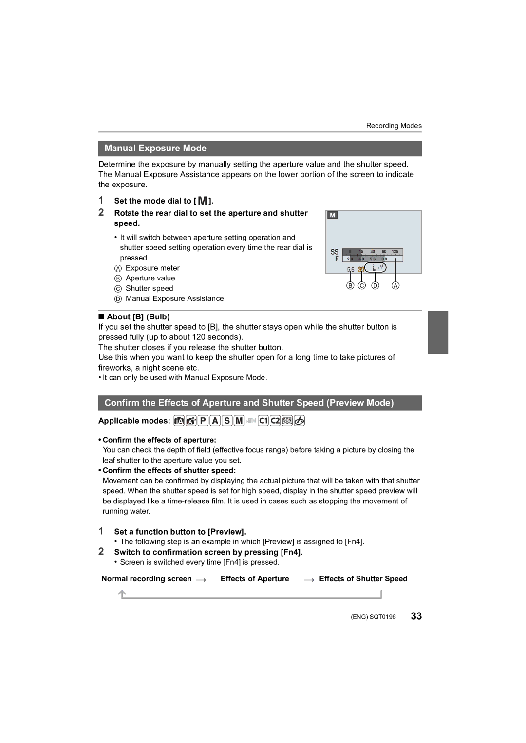 Panasonic DMCFZ1000 owner manual Manual Exposure Mode, About B Bulb, Applicable modes, Set a function button to Preview 