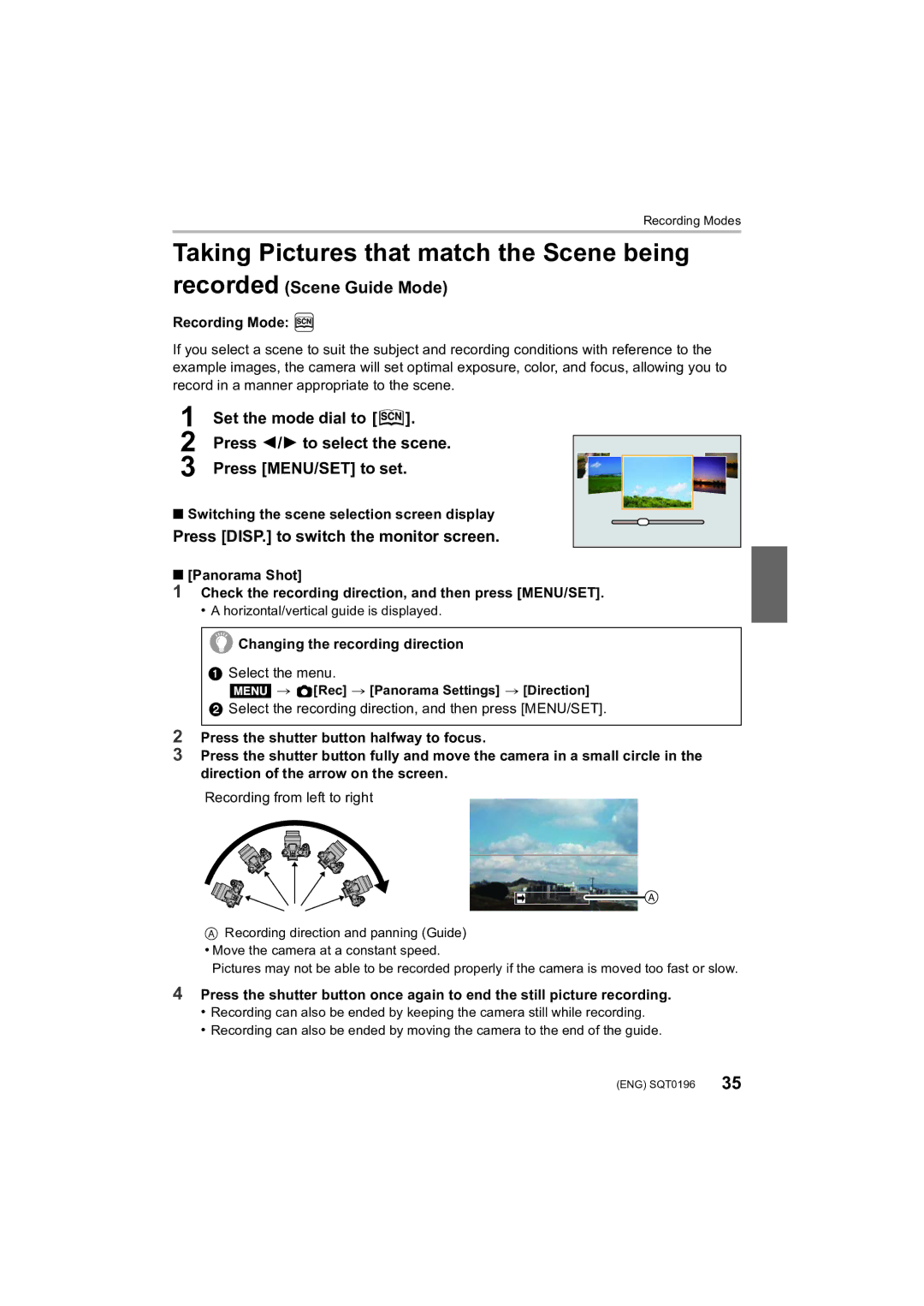 Panasonic DMCFZ1000 Taking Pictures that match the Scene being, Recorded Scene Guide Mode, Press 2/ 1 to select the scene 