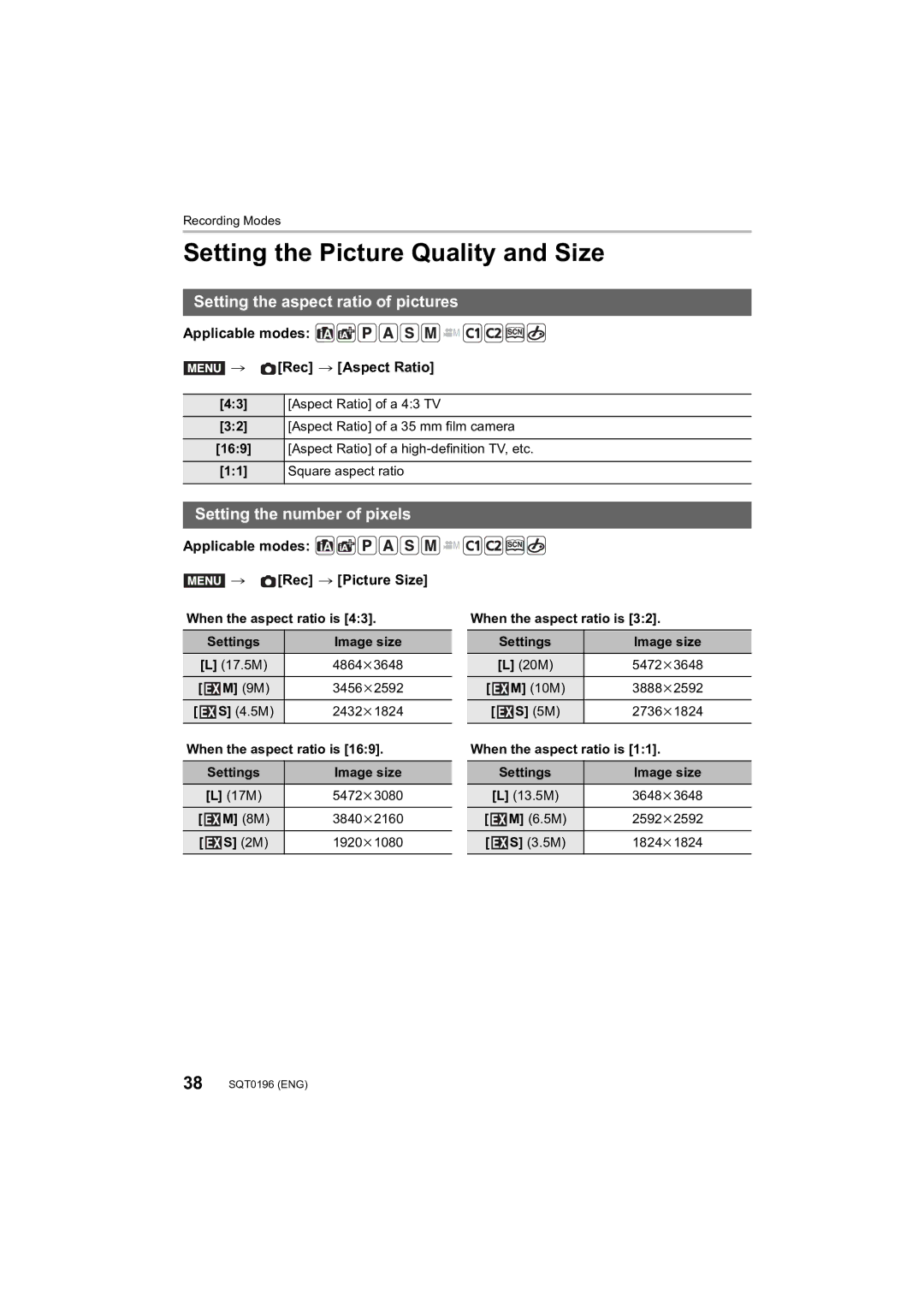 Panasonic DMCFZ1000 owner manual Setting the Picture Quality and Size, Setting the aspect ratio of pictures 