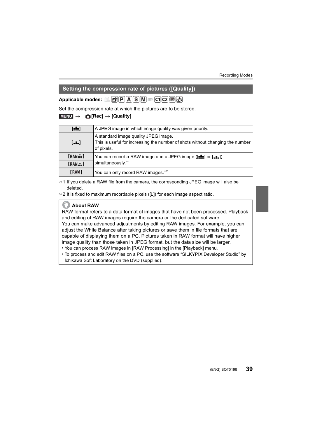 Panasonic DMCFZ1000 owner manual Setting the compression rate of pictures Quality, Rec Quality, About RAW 