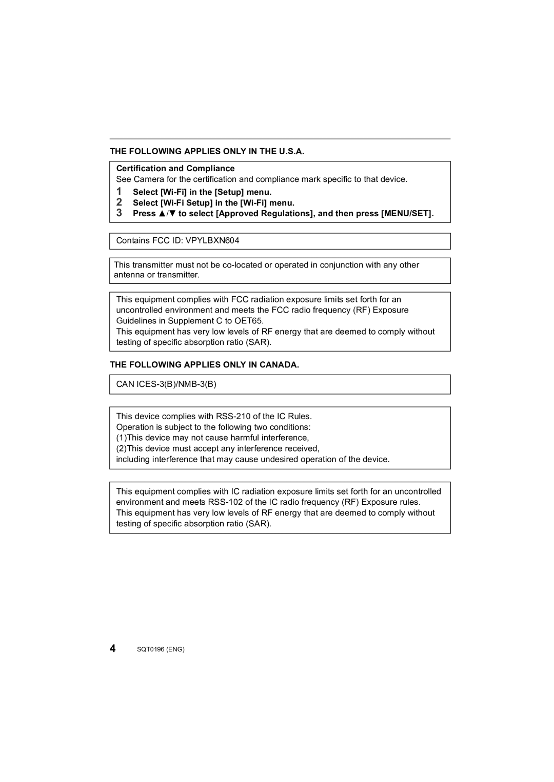 Panasonic DMCFZ1000 owner manual Certification and Compliance, Following Applies only in Canada 