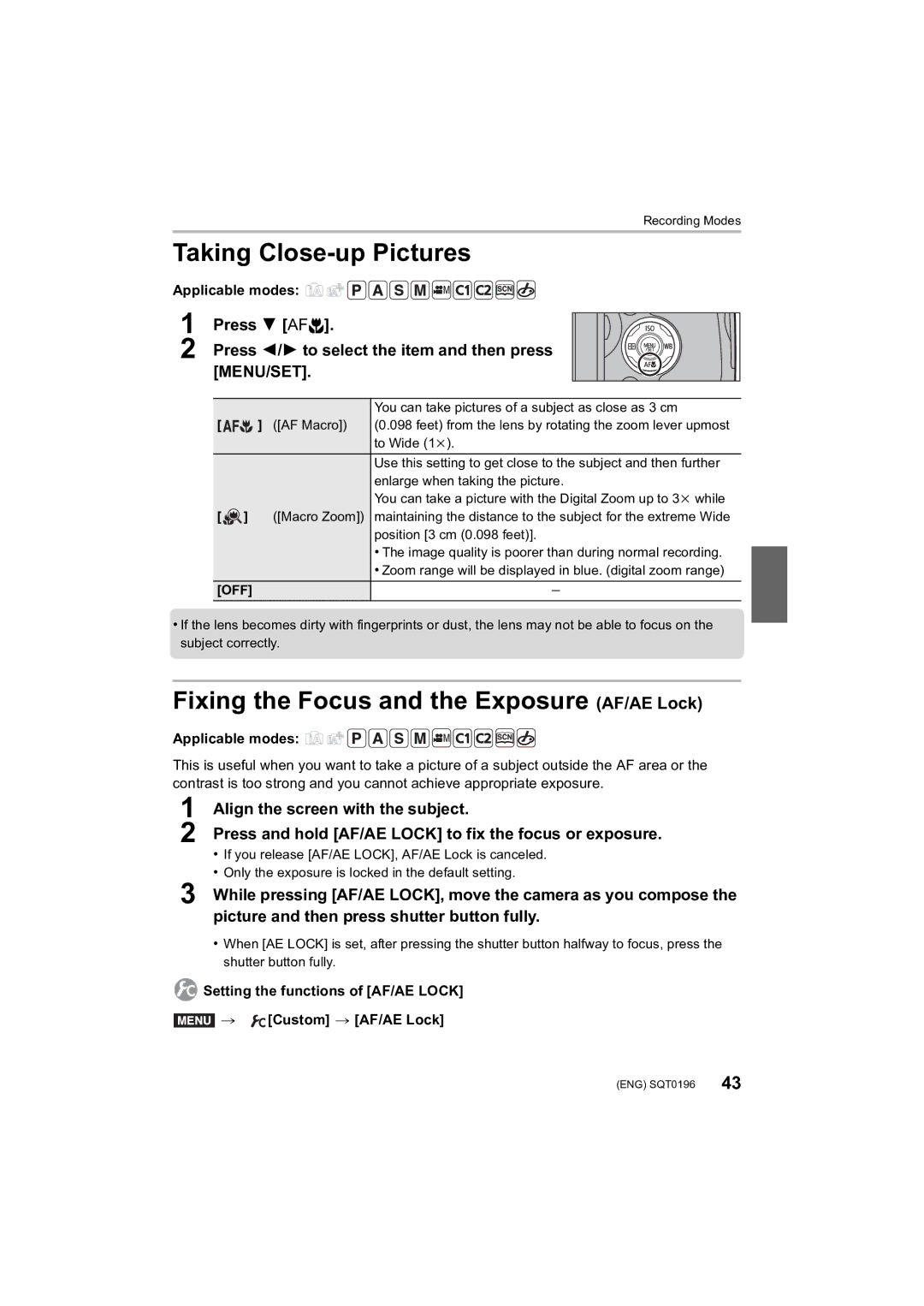 Panasonic DMCFZ1000 owner manual Taking Close-up Pictures, Fixing the Focus and the Exposure AF/AE Lock, Press 4 AF #, Off 