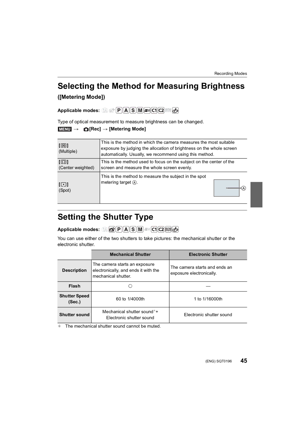 Panasonic DMCFZ1000 owner manual Selecting the Method for Measuring Brightness, Setting the Shutter Type, Metering Mode 