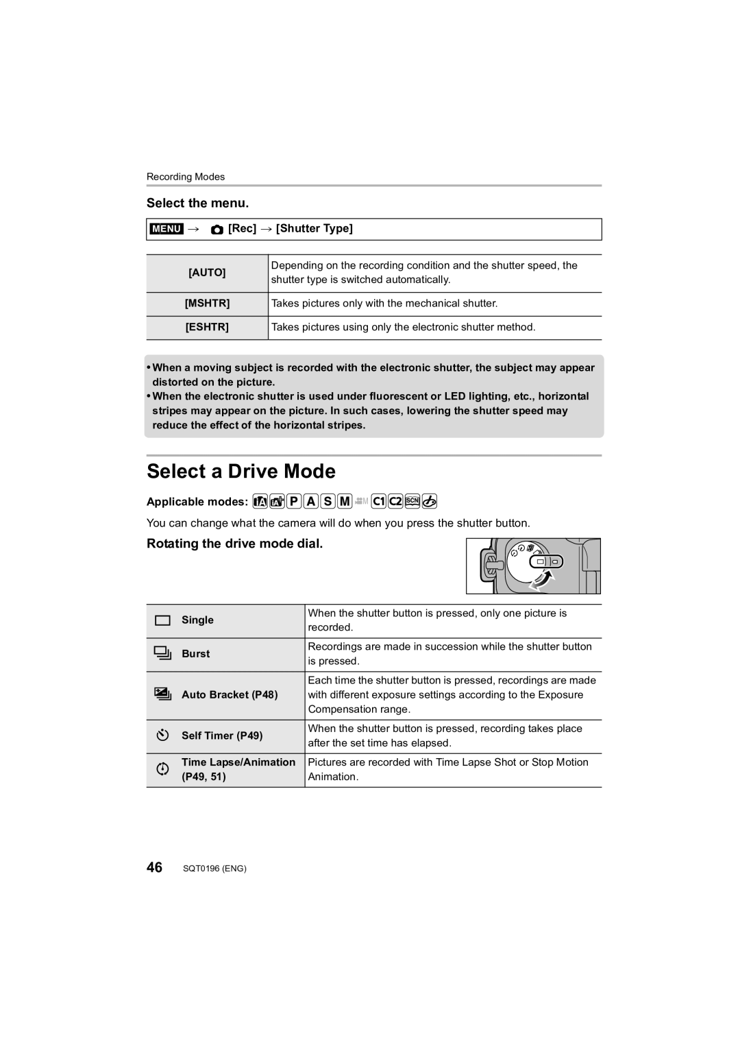 Panasonic DMCFZ1000 owner manual Select a Drive Mode, Rotating the drive mode dial, Menu, Rec Shutter Type 