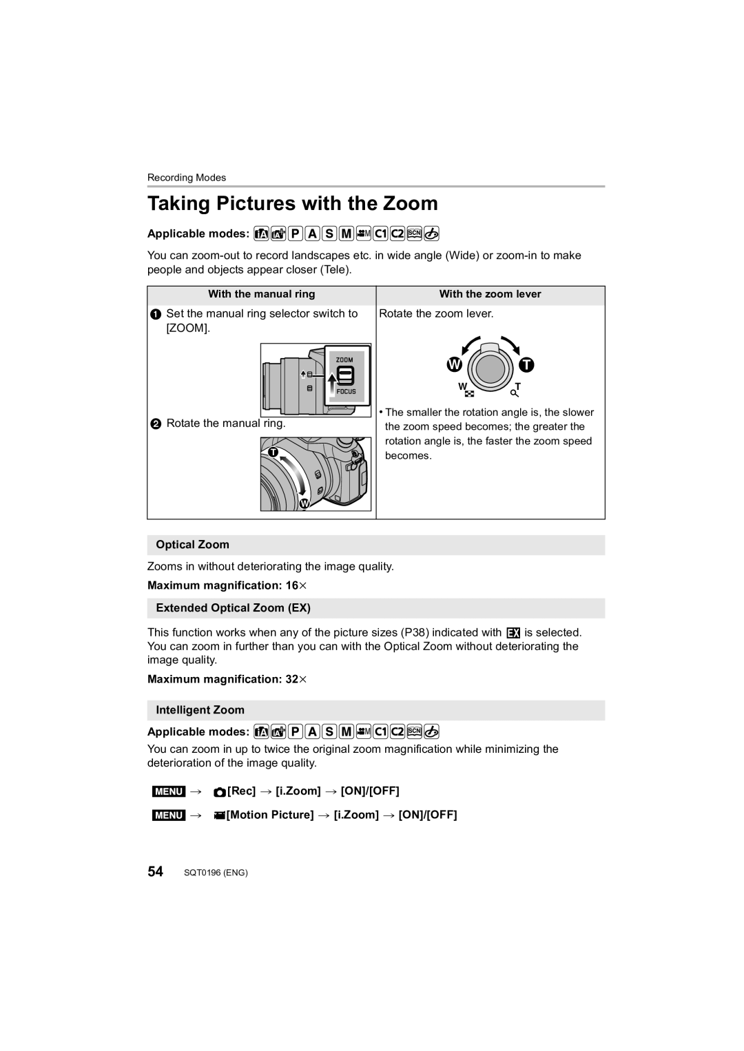 Panasonic DMCFZ1000 owner manual Taking Pictures with the Zoom, Maximum magnification 16k Extended Optical Zoom EX 