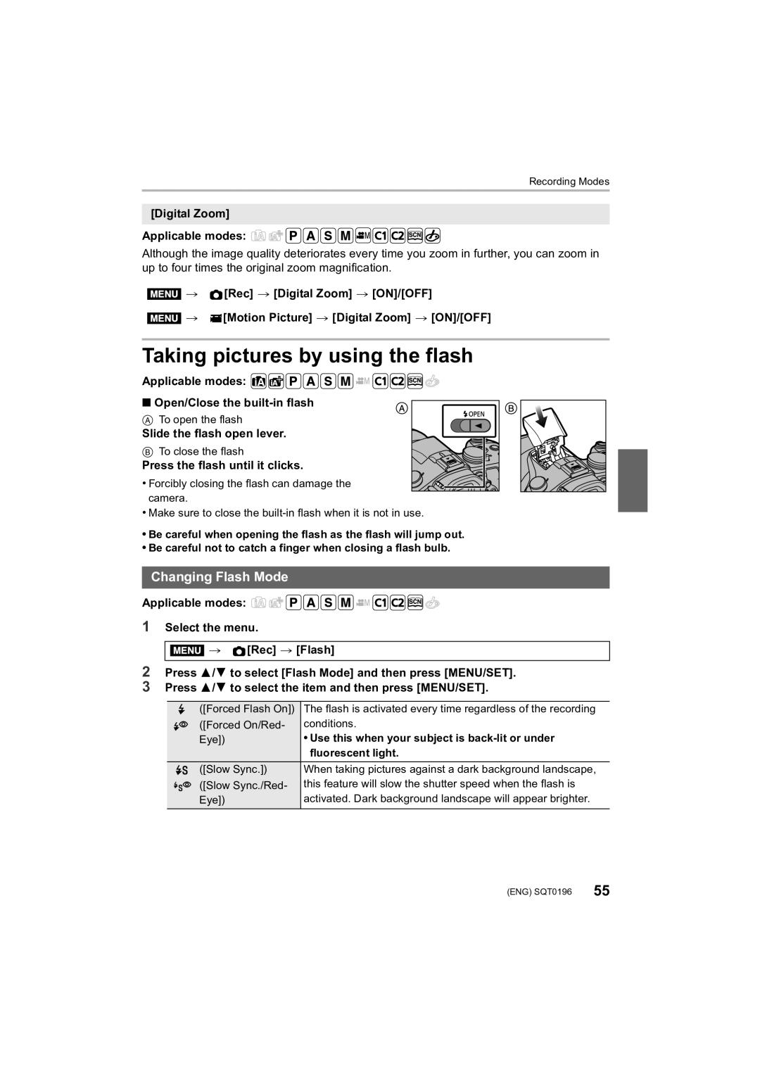 Panasonic DMCFZ1000 owner manual Taking pictures by using the flash, Changing Flash Mode 