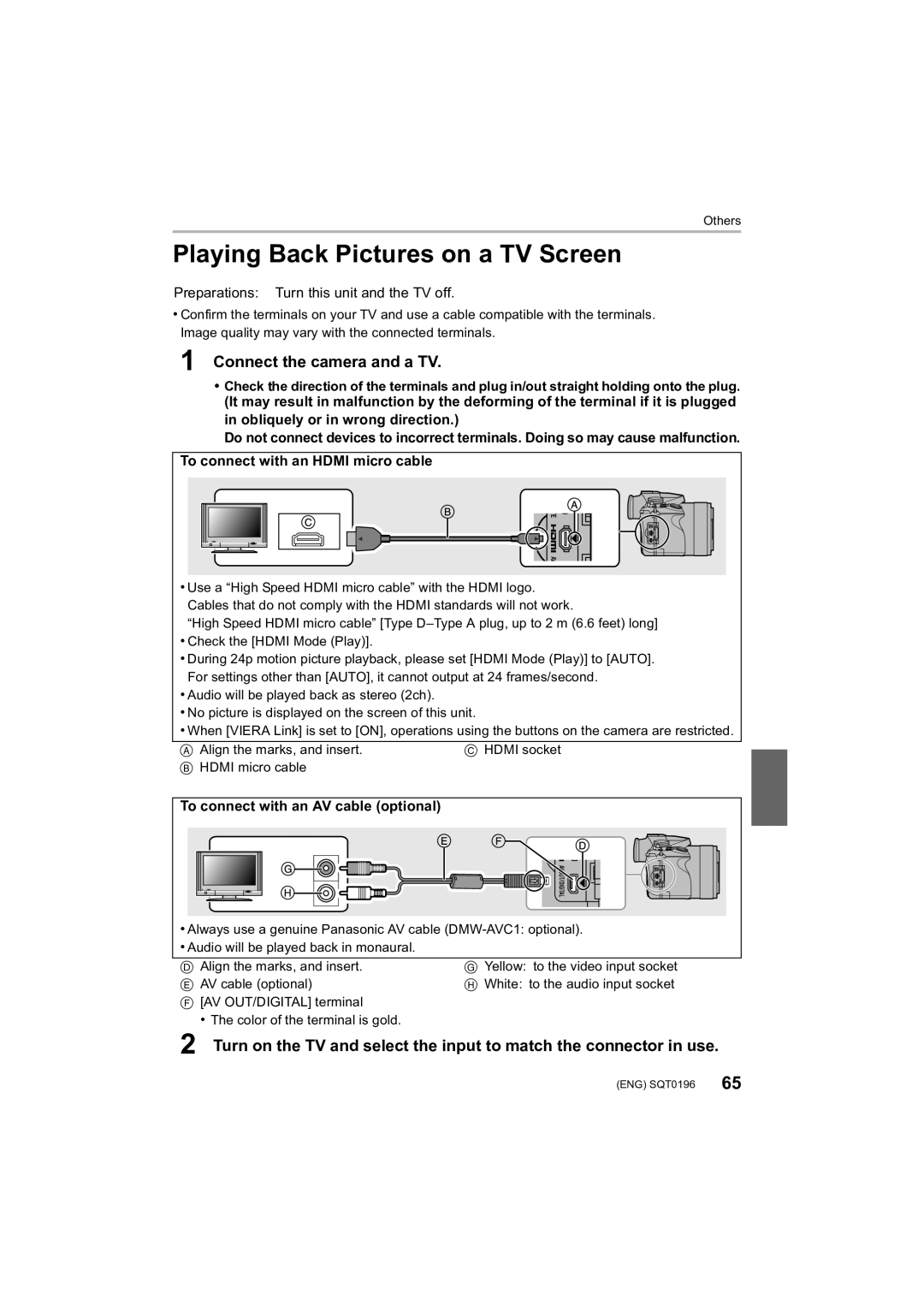 Panasonic DMCFZ1000 Playing Back Pictures on a TV Screen, Connect the camera and a TV, To connect with an Hdmi micro cable 