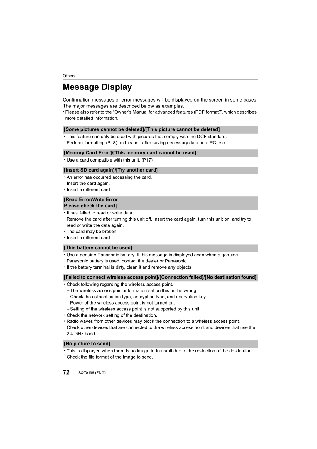 Panasonic DMCFZ1000 Message Display, Memory Card Error/This memory card cannot be used, This battery cannot be used 