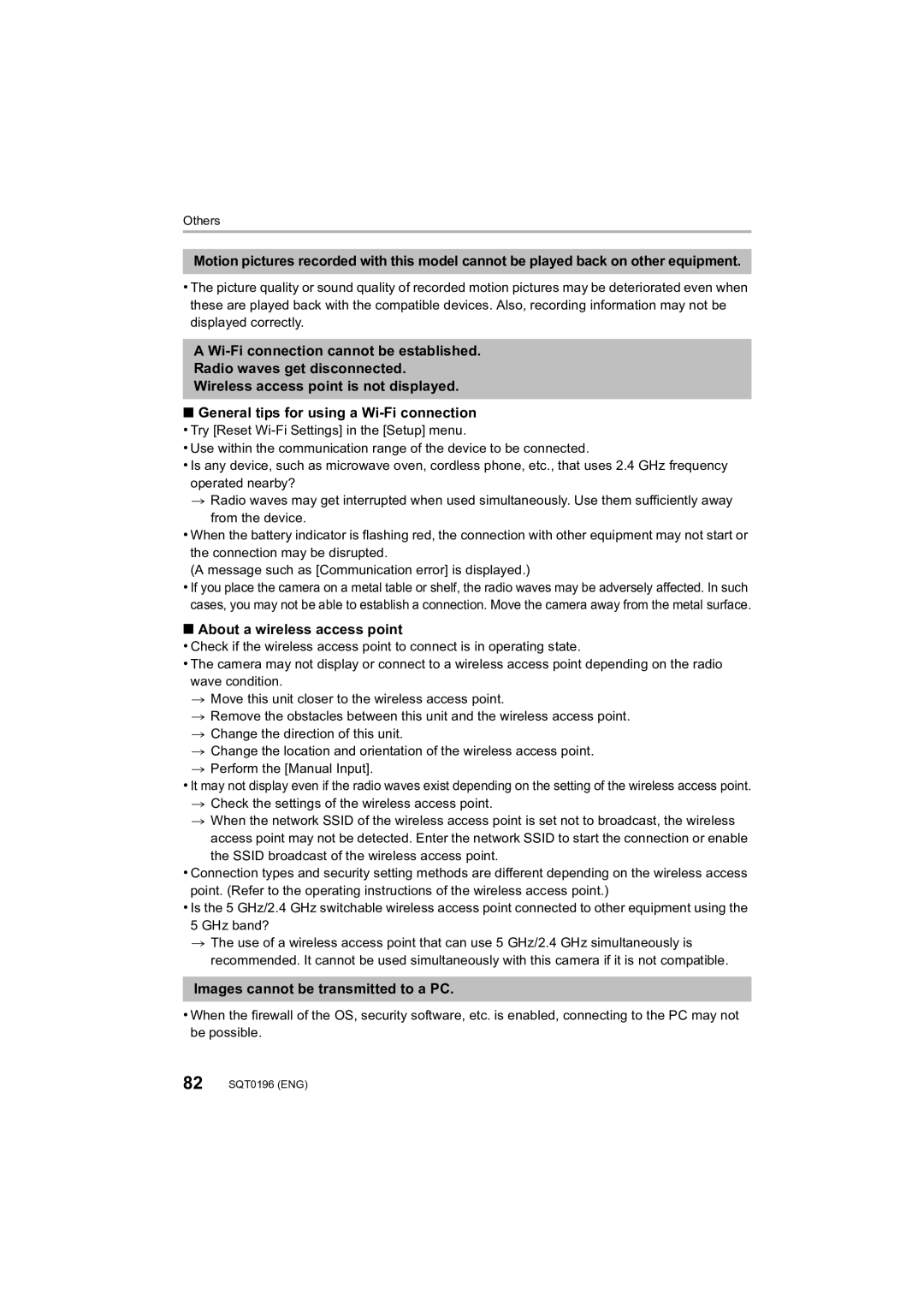 Panasonic DMCFZ1000 owner manual About a wireless access point, Images cannot be transmitted to a PC 