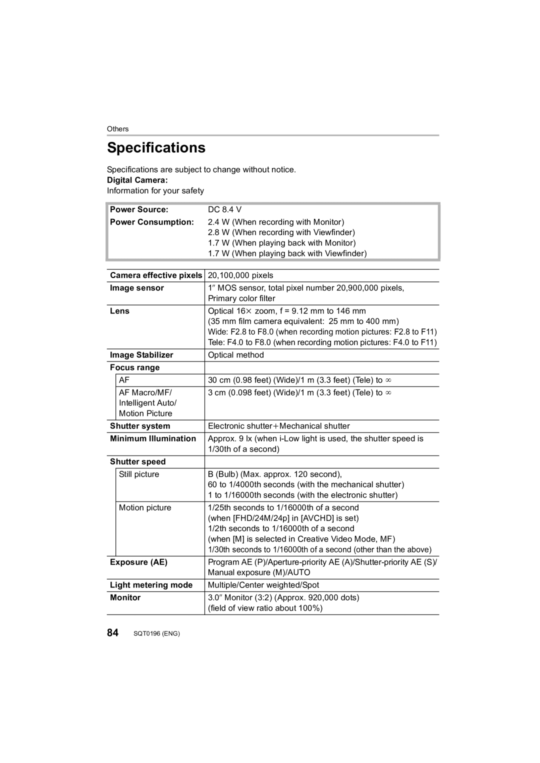 Panasonic DMCFZ1000 owner manual Specifications 