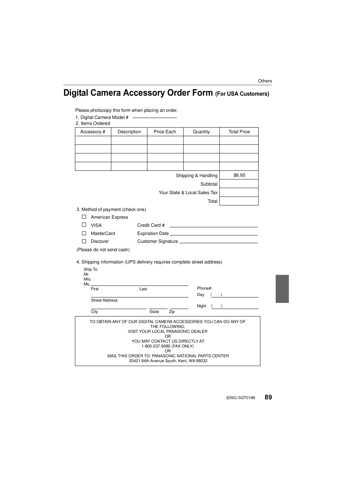 Panasonic DMCFZ1000 owner manual Digital Camera Accessory Order Form For USA Customers 