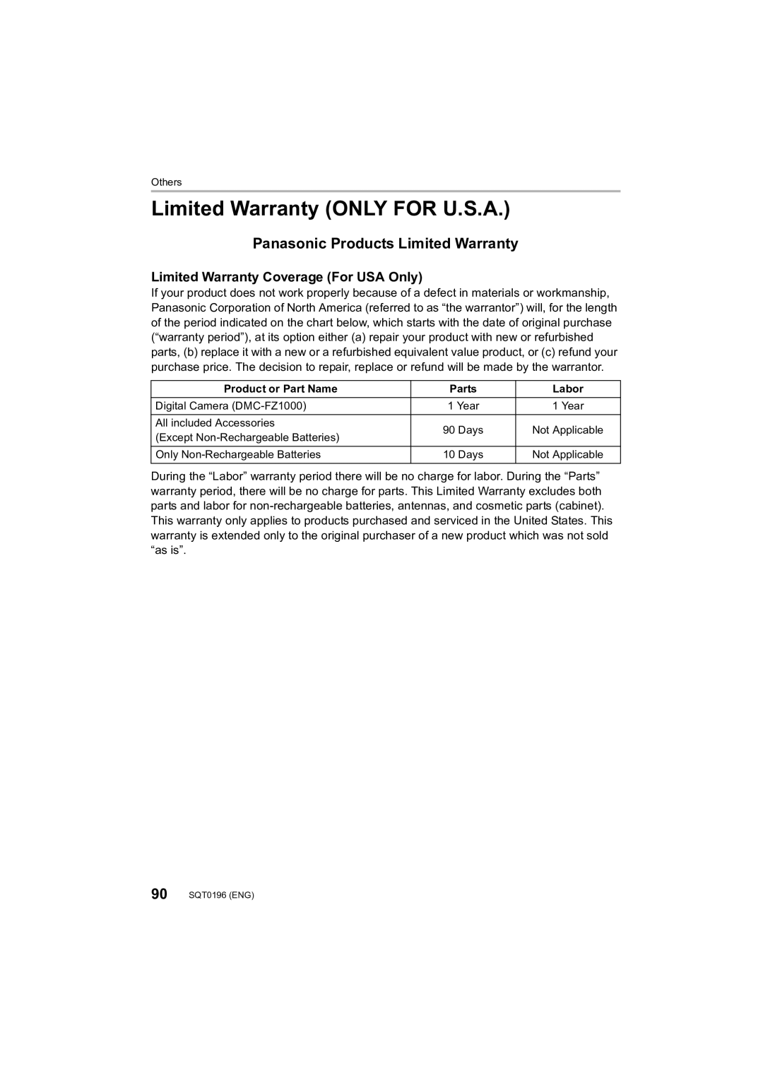 Panasonic DMCFZ1000 Limited Warranty only for U.S.A, Panasonic Products Limited Warranty, Product or Part Name Parts Labor 