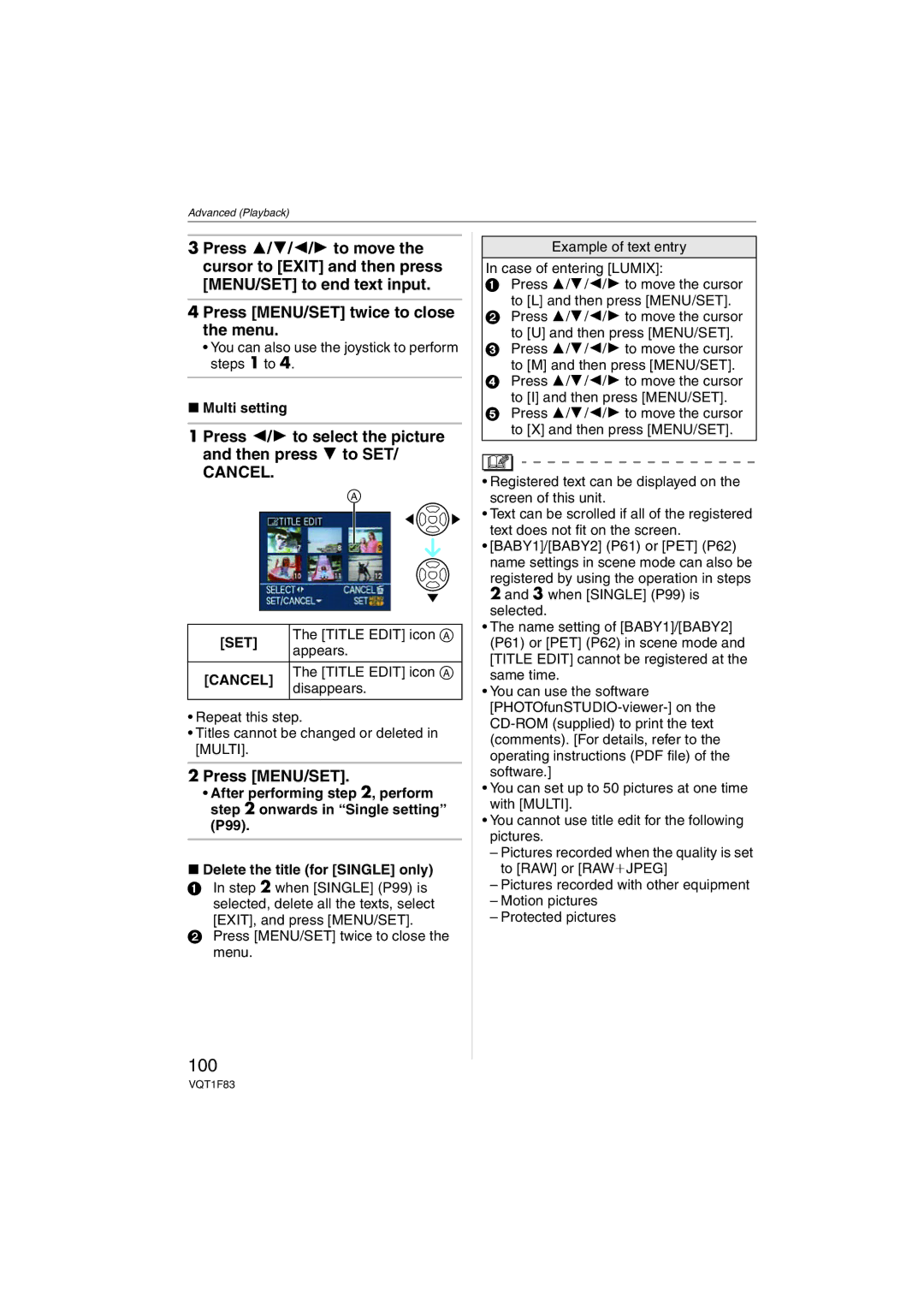 Panasonic DMCFZ18K operating instructions 100, Multi setting, Set, Cancel 