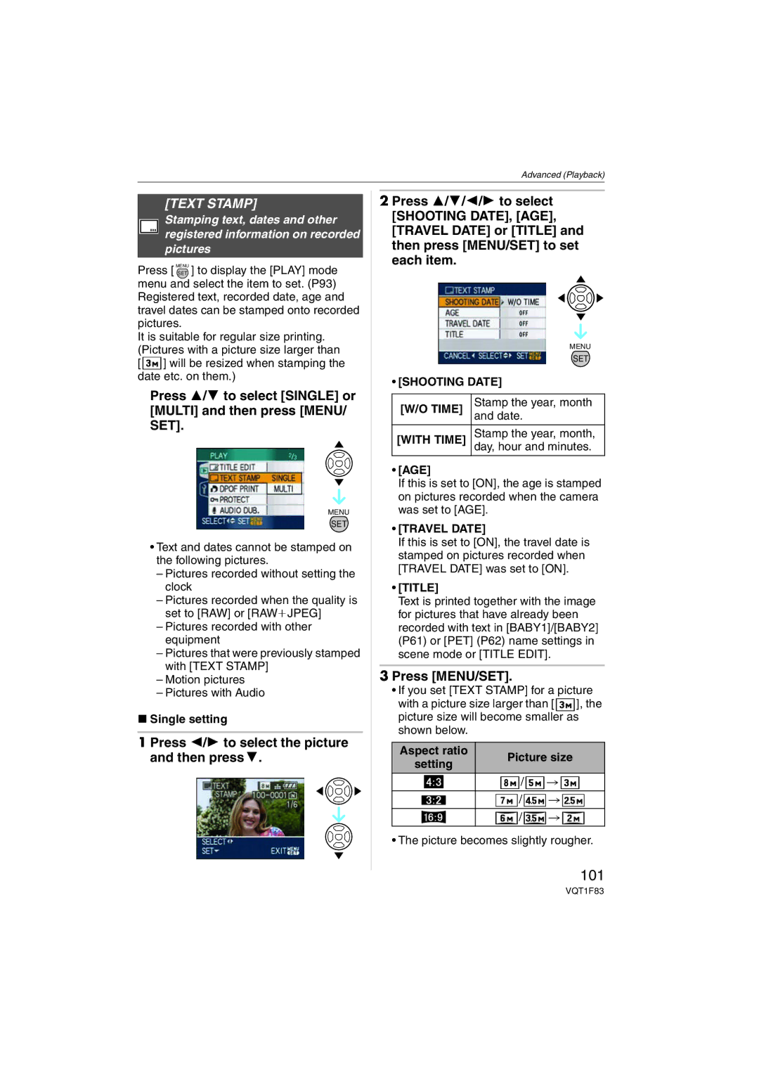 Panasonic DMCFZ18K operating instructions 101, Text Stamp, Shooting Date Time, Travel Date, Title 