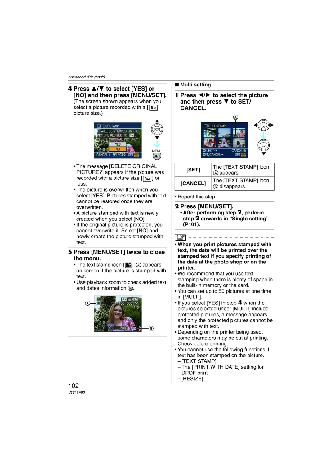 Panasonic DMCFZ18K 102, Press 3/4 to select YES or no and then press MENU/SET, Text Stamp icon, Repeat this step 