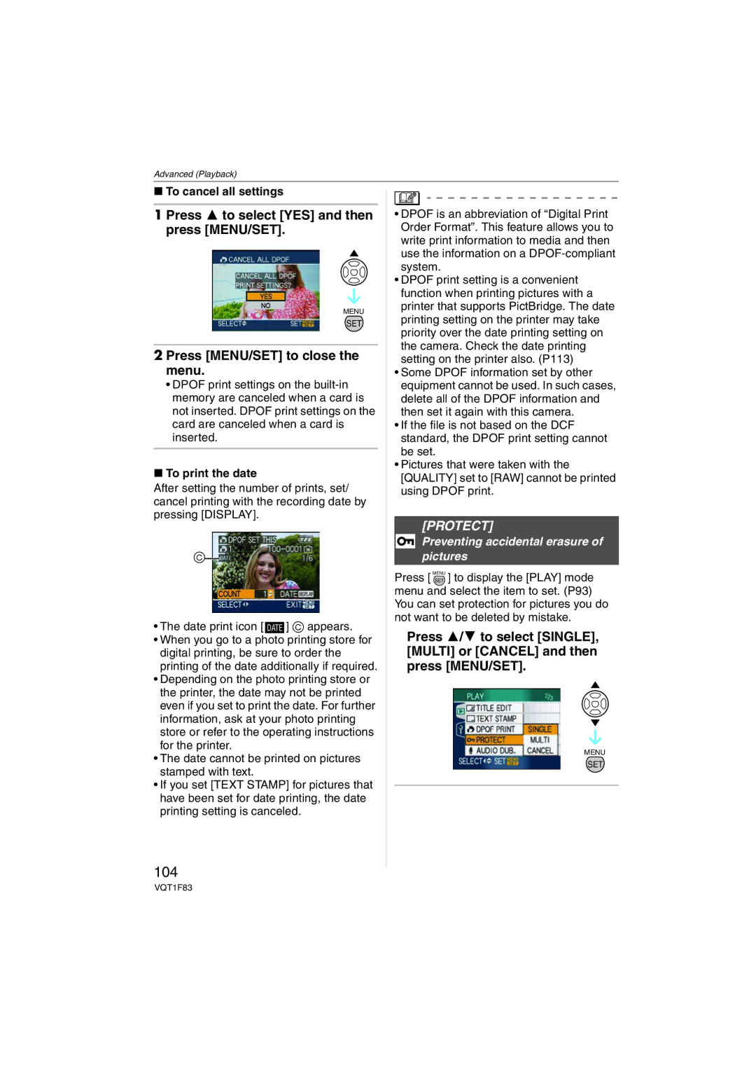 Panasonic DMCFZ18K 104, Protect, To cancel all settings, To print the date, Preventing accidental erasure of pictures 