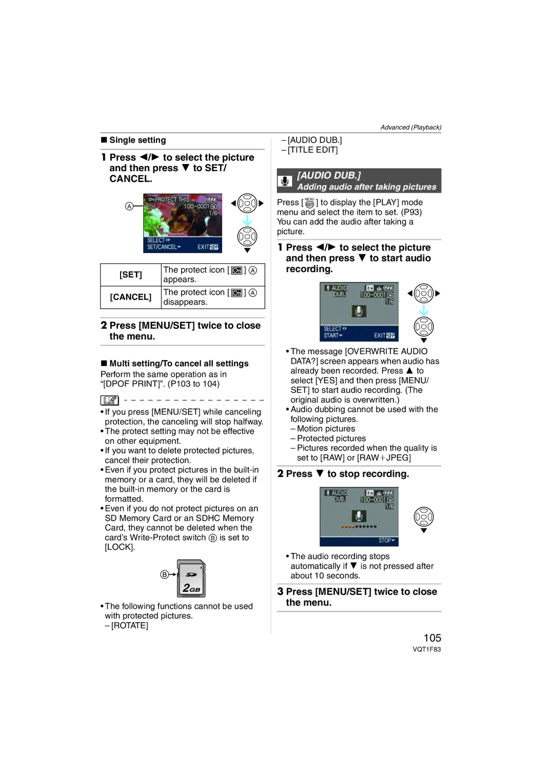 Panasonic DMCFZ18 105, Press 4 to stop recording, Rotate Audio DUB Title Edit, Adding audio after taking pictures 