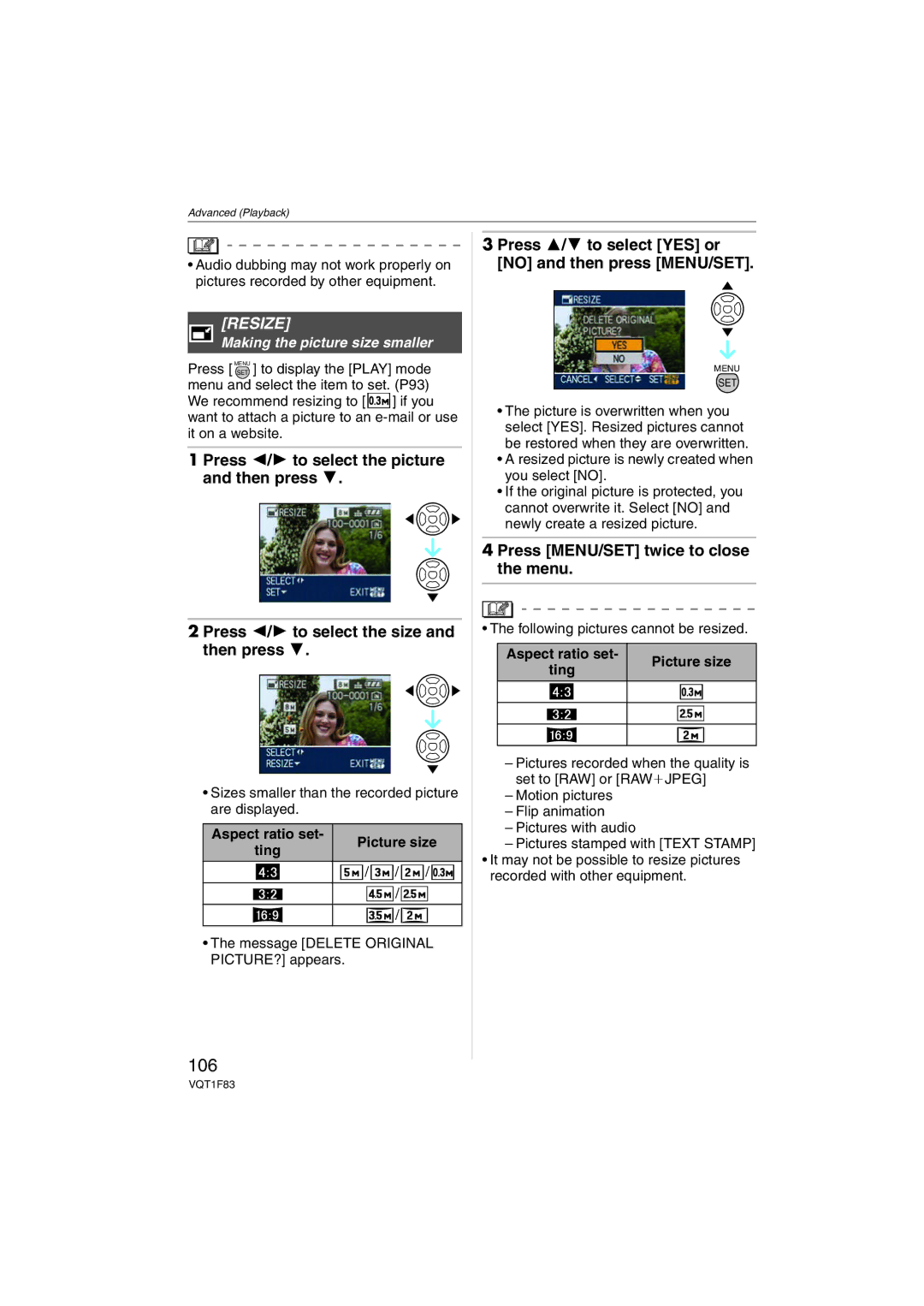 Panasonic DMCFZ18K operating instructions 106, Resize, Making the picture size smaller, Ting 