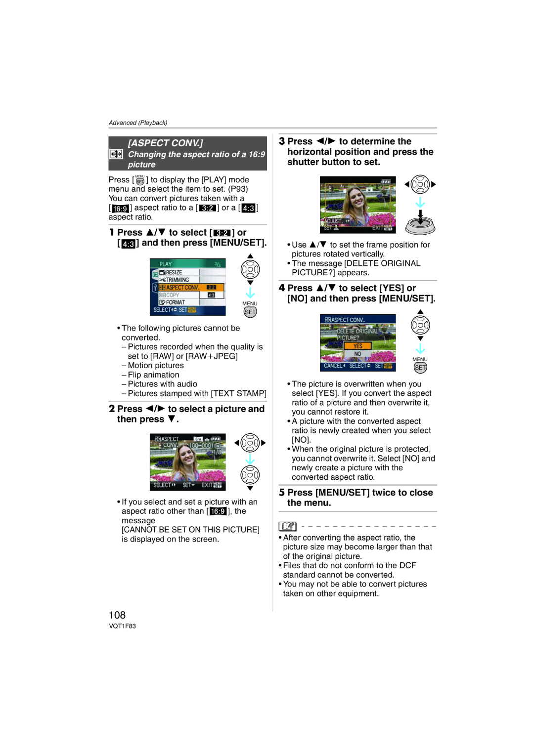 Panasonic DMCFZ18K 108, Aspect Conv, Press 3/4 to select or Then press MENU/SET, Aspect ratio to a or a aspect ratio 