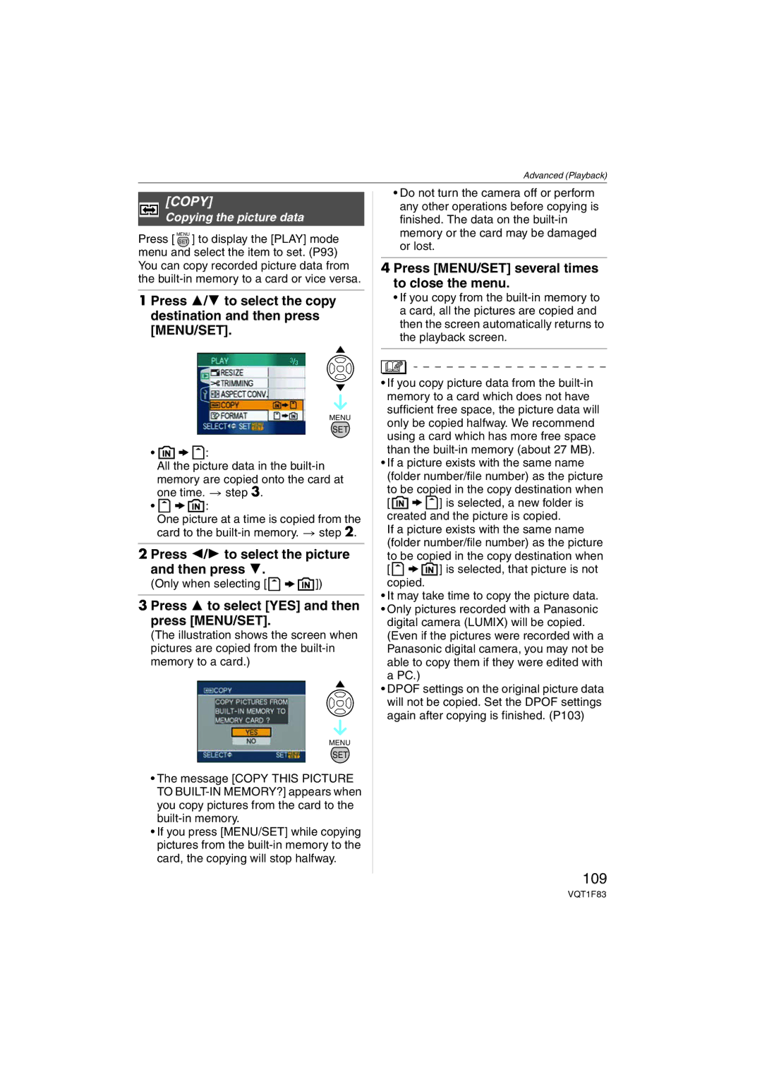 Panasonic DMCFZ18 109, Press MENU/SET several times to close the menu, Copying the picture data, Only when selecting 