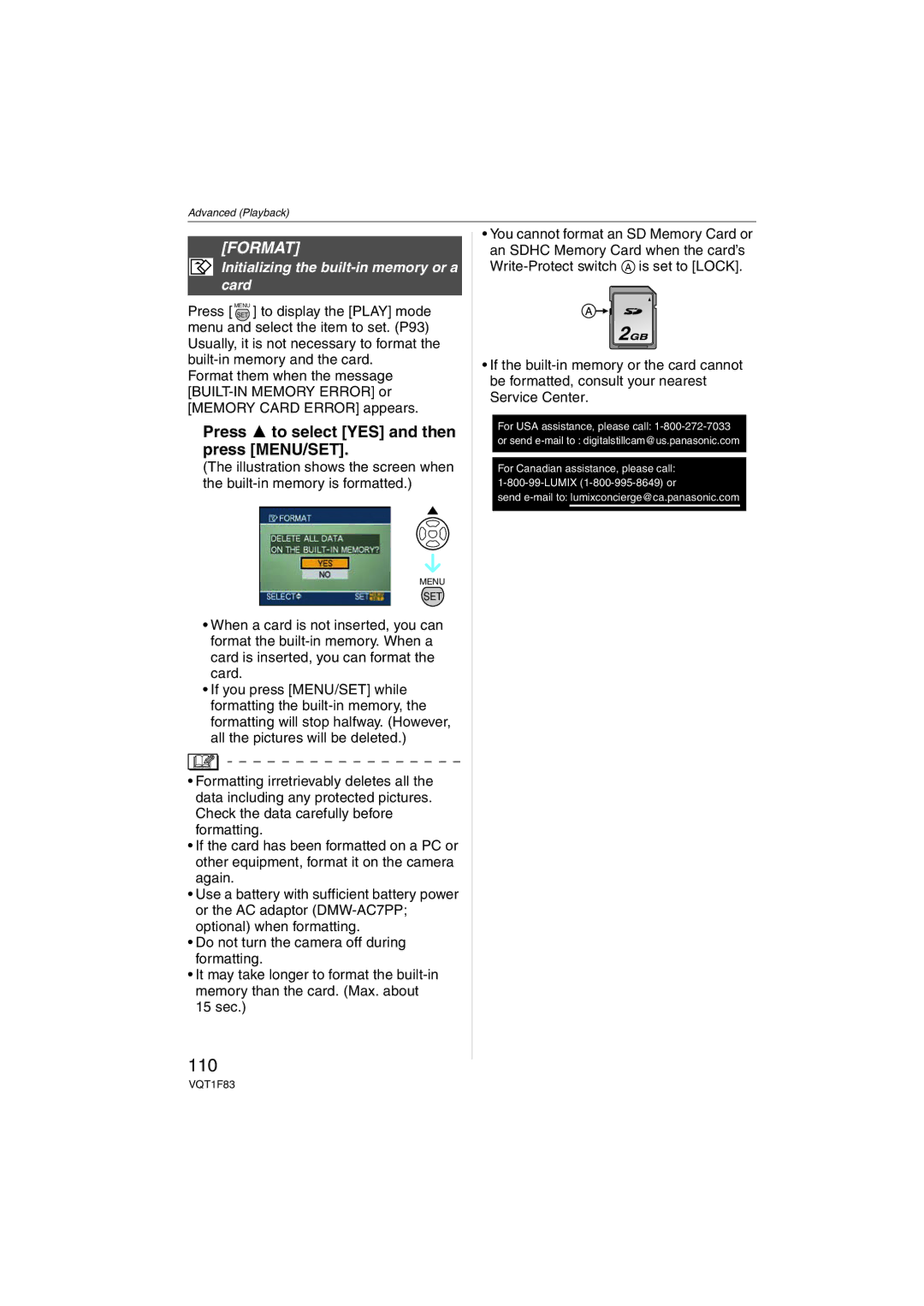 Panasonic DMCFZ18K operating instructions 110, Format, Initializing the built-in memory or a card 