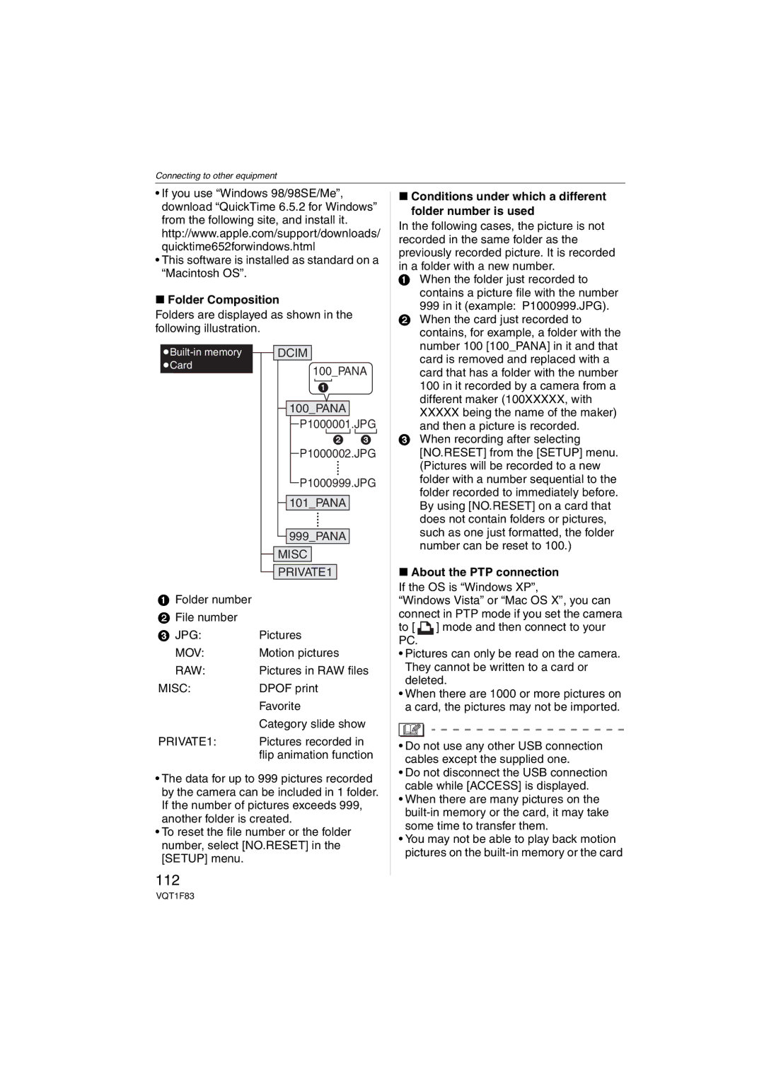 Panasonic DMCFZ18K operating instructions 112, Folder Composition, Conditions under which a different folder number is used 