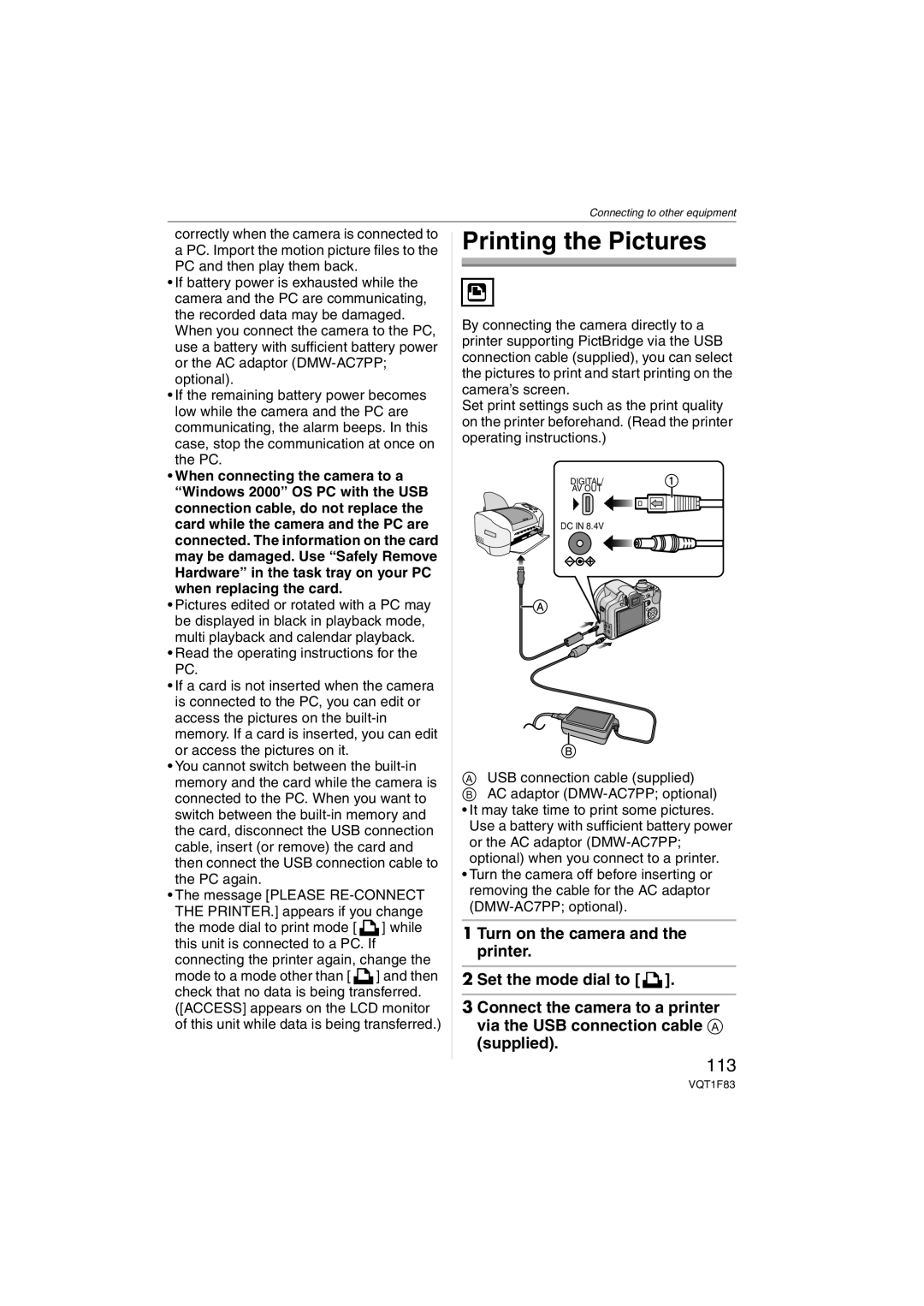 Panasonic DMCFZ18K operating instructions Printing the Pictures, 113 