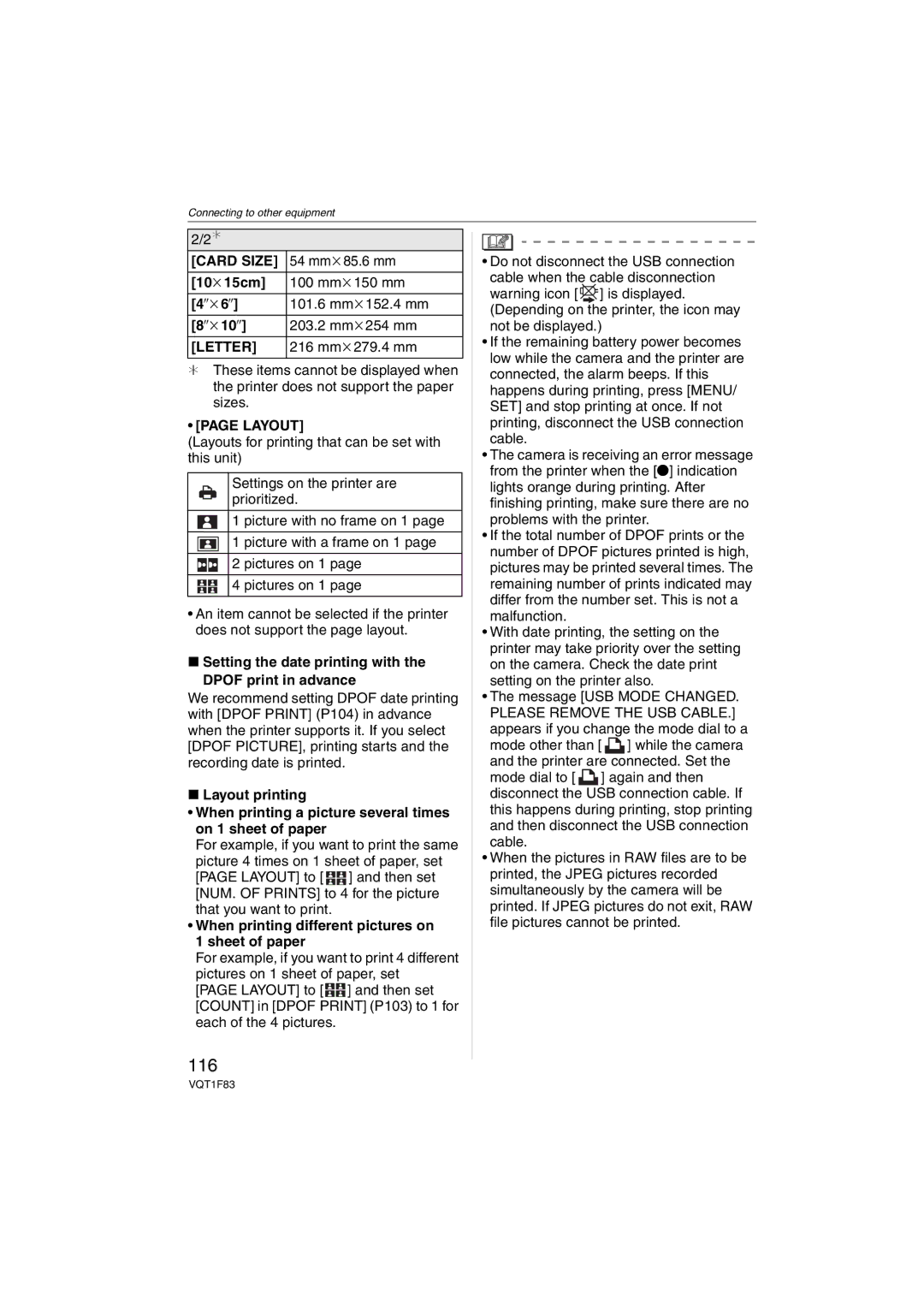 Panasonic DMCFZ18K operating instructions 116, Card Size, Letter, Layout 