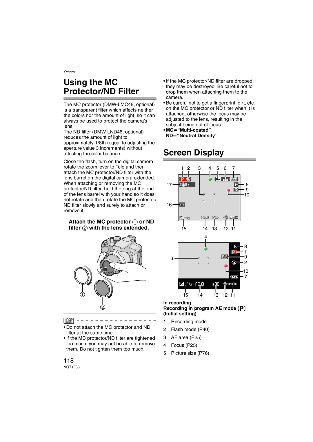 Panasonic DMCFZ18K operating instructions Using the MC Protector/ND Filter, 118, MCuMulti-coated NDuNeutral Density 