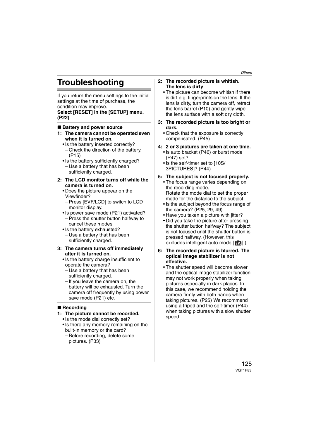 Panasonic DMCFZ18K operating instructions Troubleshooting, 125 